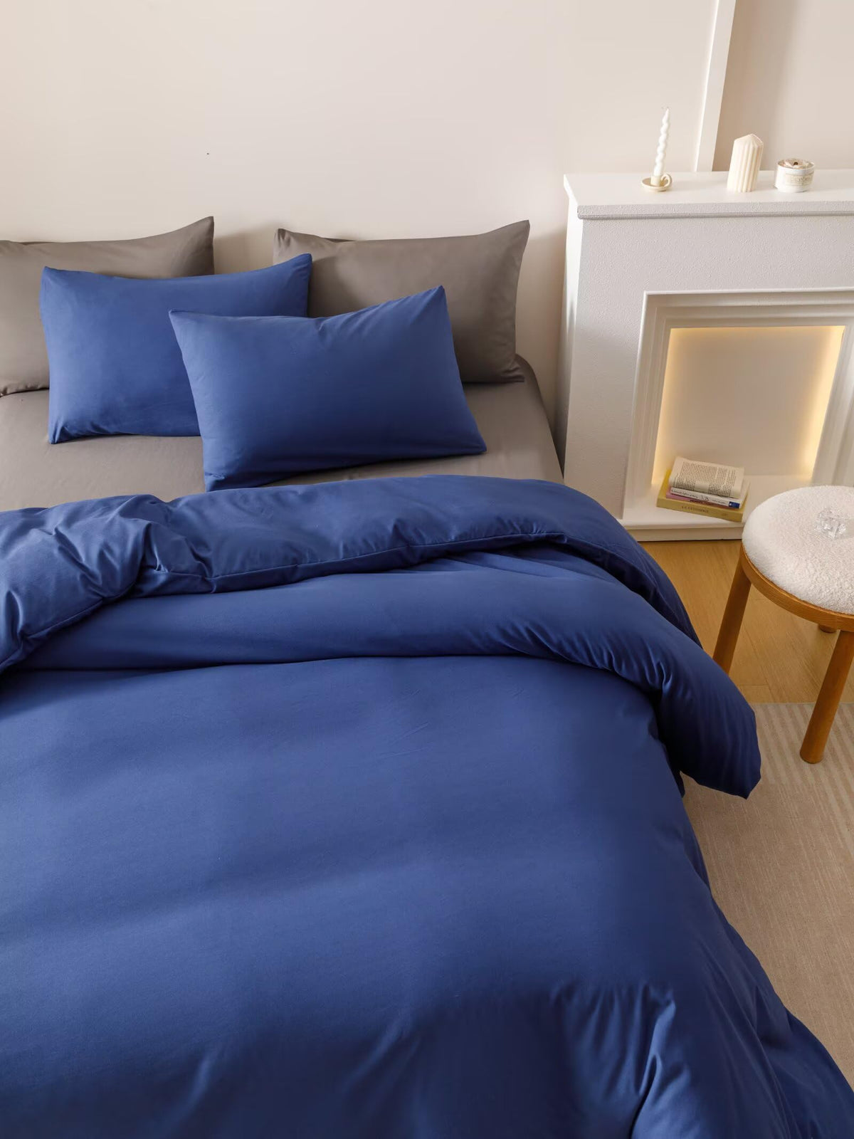 Royal Blue Comforter Set Neutral Navy Bedding Vintage Japanese Style Solid Blue Farmhouse Bed Sets