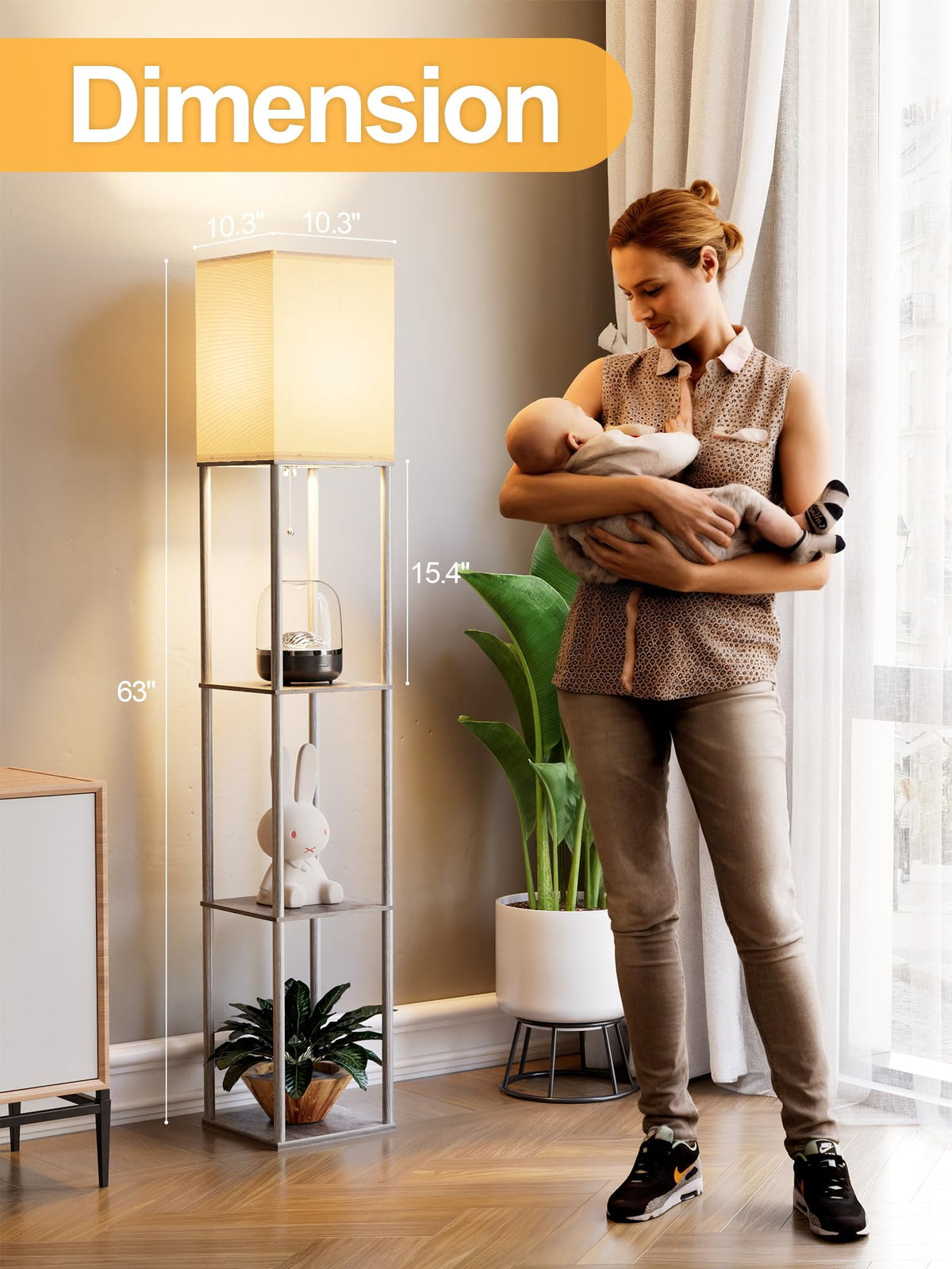 Floor Lamp with Shelves 2 Pack Oak Gray, Shelf Floor Lamp with 3 CCT LED Bulb, Corner Display Standing Column Lamp