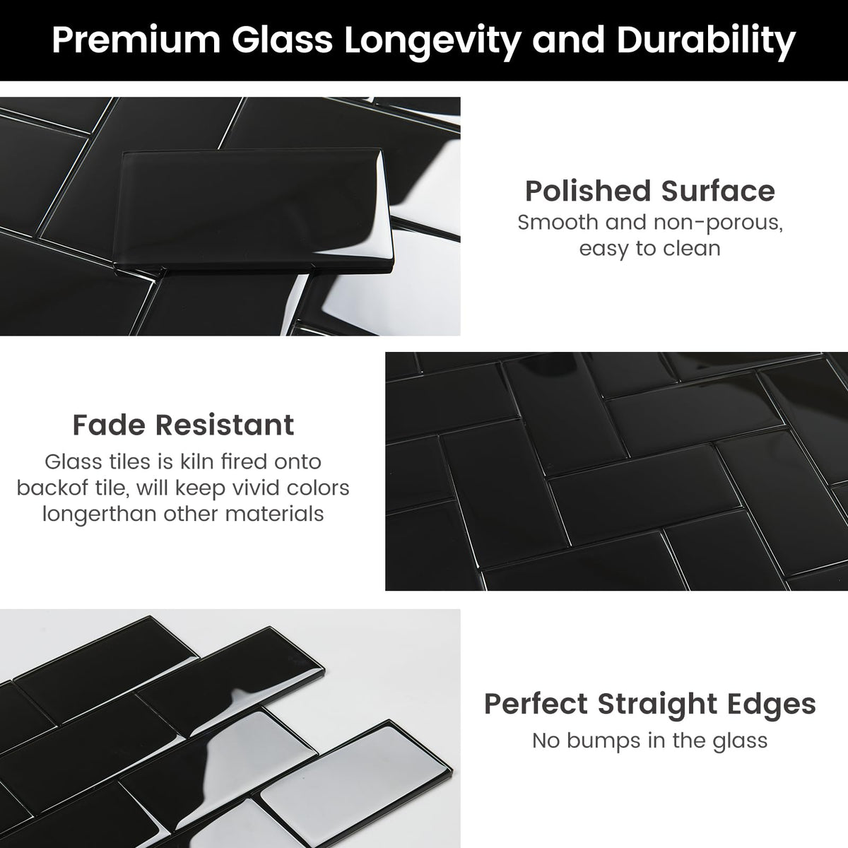 Glass Subway Tile Black 3 x 6 Inch Glass Backsplash Backsplash Bathroom Shower Wall Pack of 32 Sheets