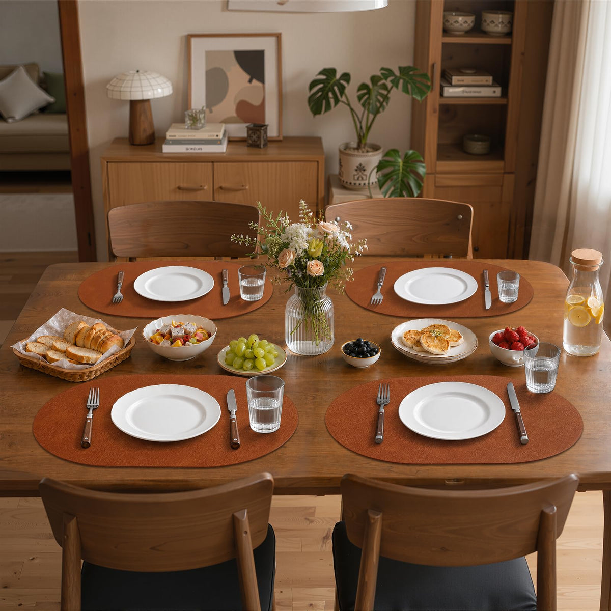 Heat Resistant Oval Placemats Set of 8 Non-Slip, Reddish Brown