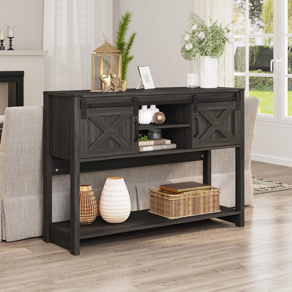 Entryway Table with Storage Cabinets, 46" Modern Farmhouse Console Table with Sliding Barn Door, Wood Rustic Sofa