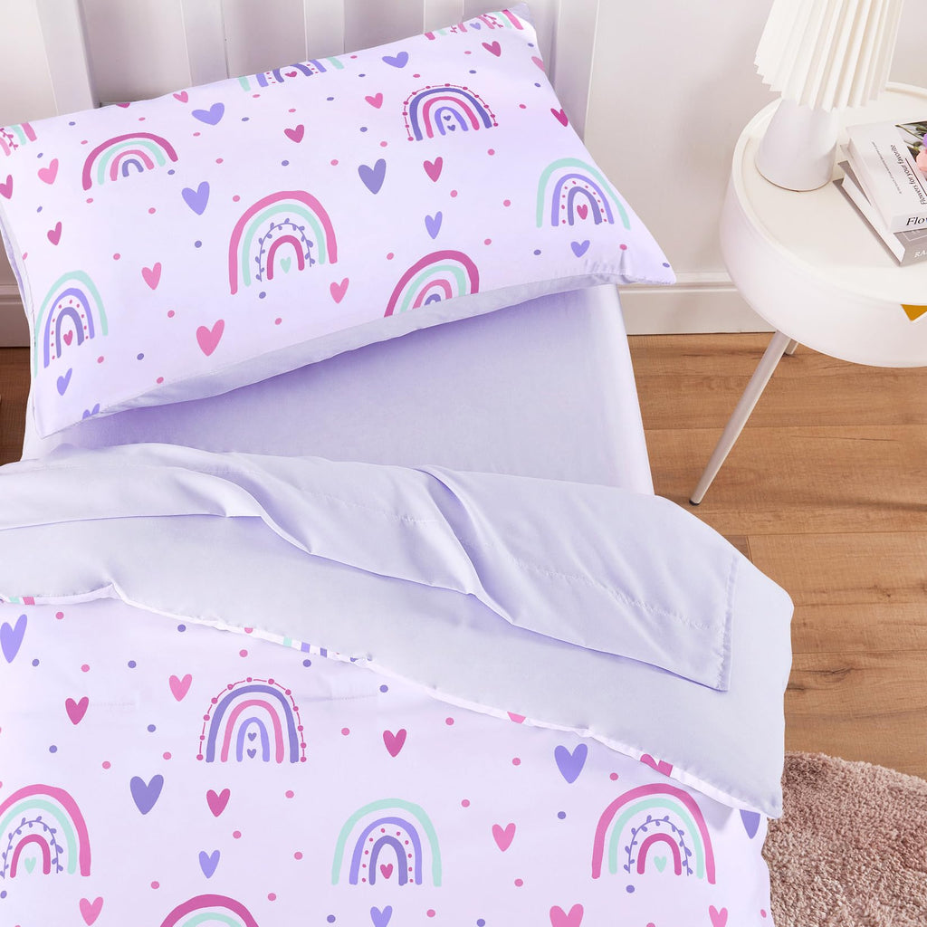 Toddler Bedding Set for Girls, Dreamy Cute Rainbow Heart, 4 Pieces Soft Crib Bed Set Including Comforter, Sheets and