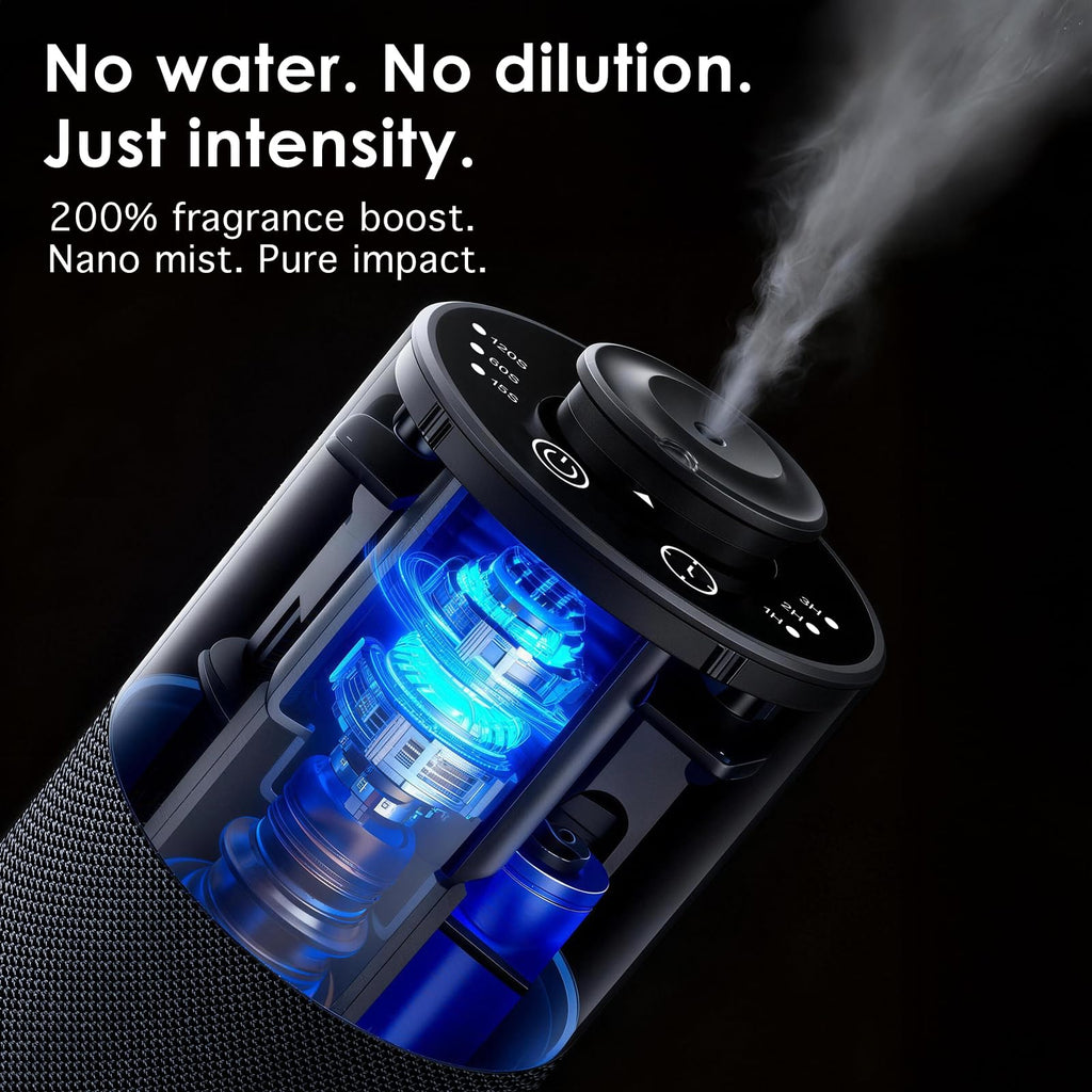 Waterless Essential Oil Diffuser (Aluminum Alloy & Fabric) - Cordless Car Scent Diffuser with 3 Timer & 3 Mist Levels