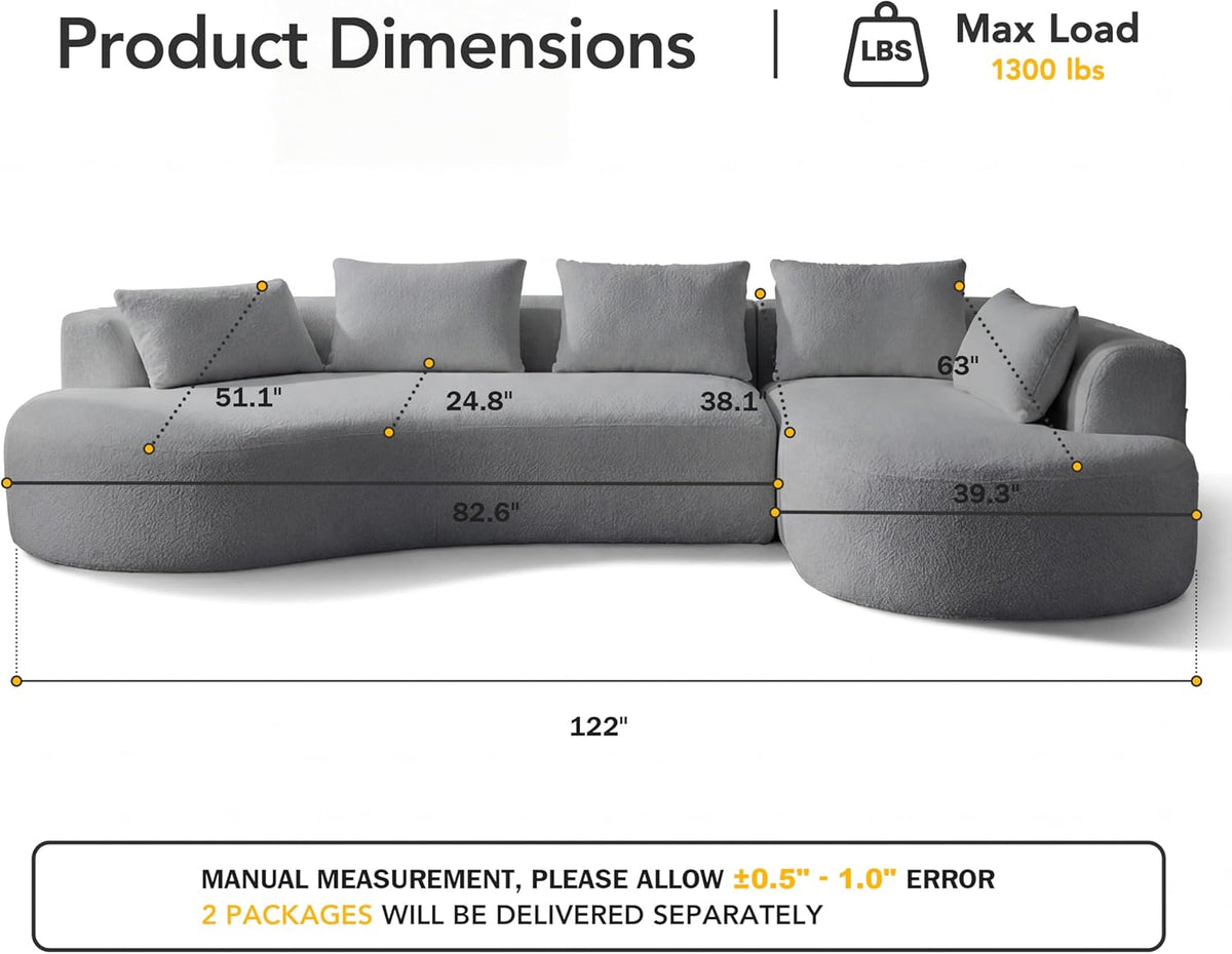 122" Modern Curved Oversized Sectional Sofa with Right Chaise for Living Room