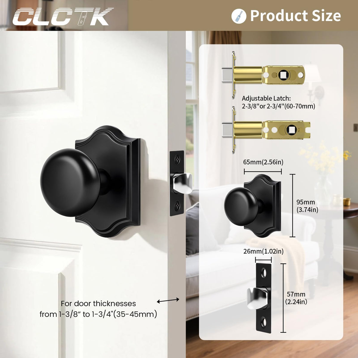 Matte Black Door Knobs Interior, Black Passage Round Door Knobs Door Handles for Hall Closet, Zinc Alloy, 1 Pack