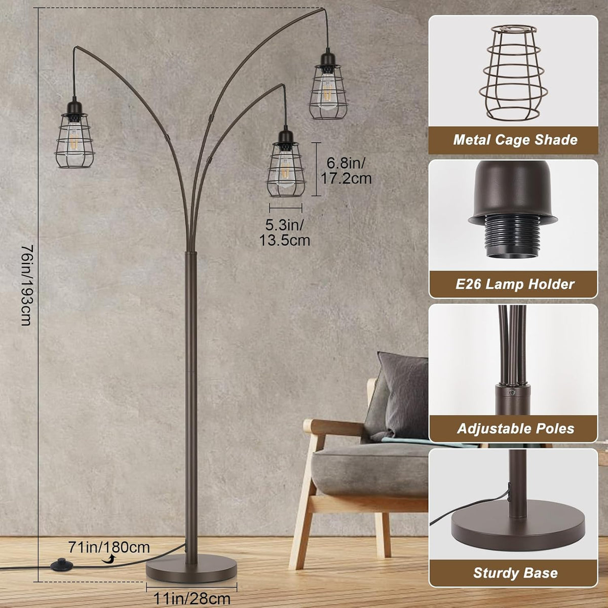 Industrial Floor Lamp, 3 Light Arc Floor Lamps, 76 Inch Tall Standing Lamp with Metal Cage Shades & Foot Switch