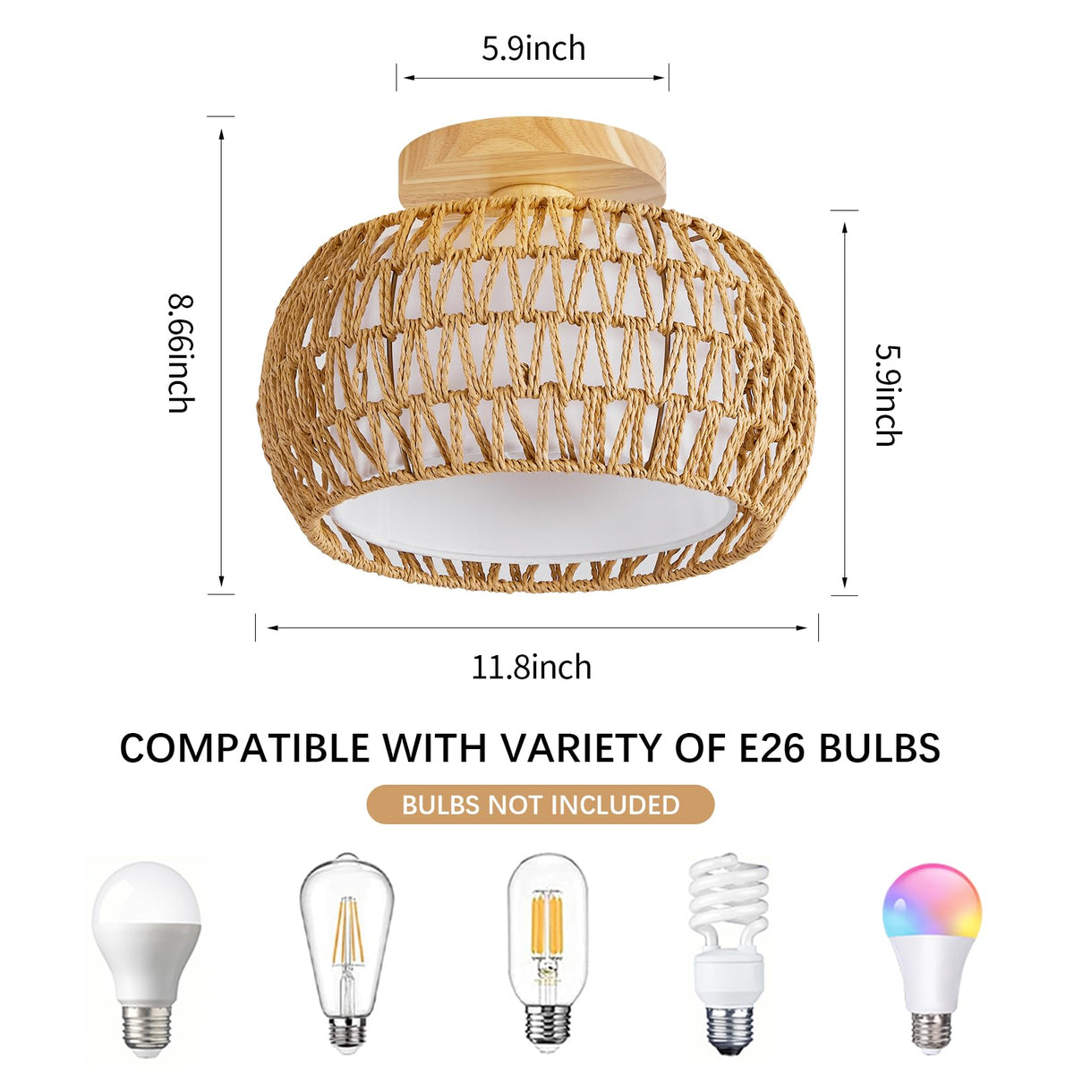 Rattan Boho Flush Mount Ceiling Light - 12′′ Bohemian Wicker Light Fixtures