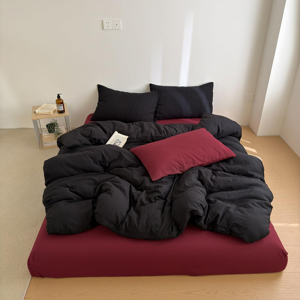 Retro Black Striped Duvet Cover 3 Pieces Textured Bedding Set