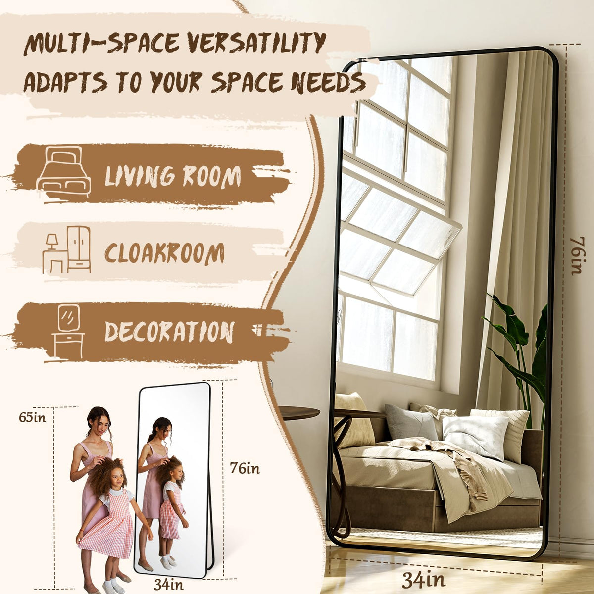 76"x34" Floor Full Length Mirror Standing Full Body Rounded Corner Rectangle Mirrors with Stand Hanging Wall Mounted