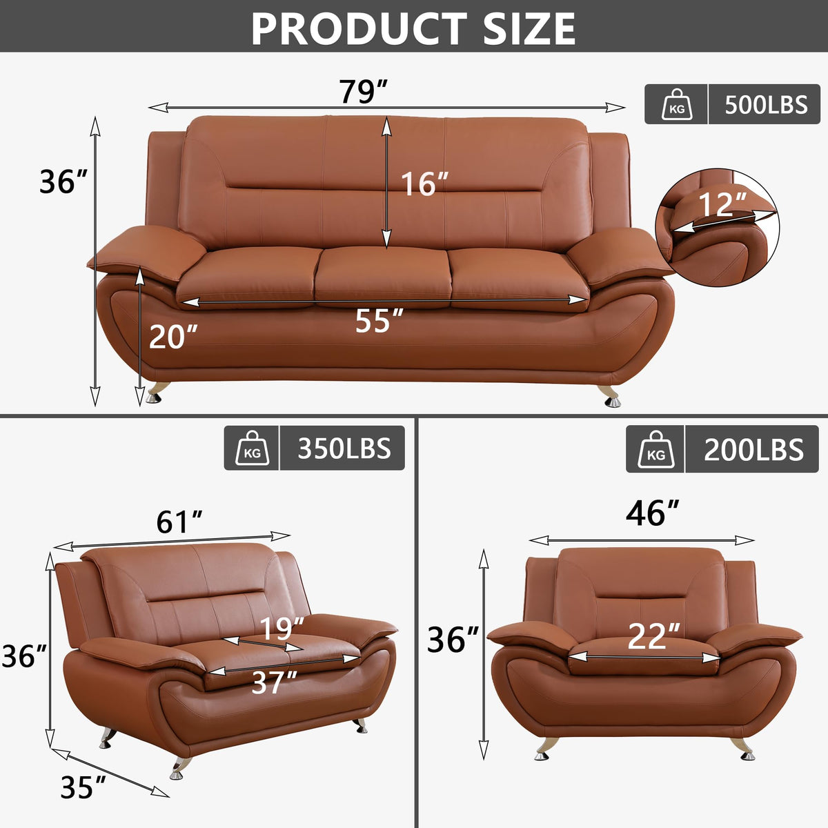 Leather Living Room Sofa Set, Equipped with Metal Leg Support Pillow Top Armrests, Perfect s, Offices, and Lounges