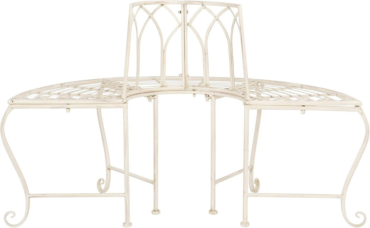 Outdoor - Abia Iron Tree Bench - Distressed White Iron Metal - Vintage Scrollwork Garden Design - Ideal , Deck