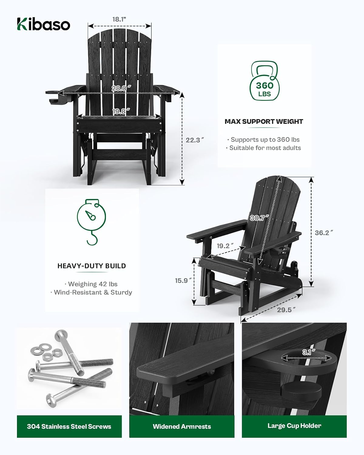 Adirondack Chairs, All-Weather Outdoor Gliders Set of 2,Black | HDPE Weather Resistant, 3- Level Adjustable Backrest