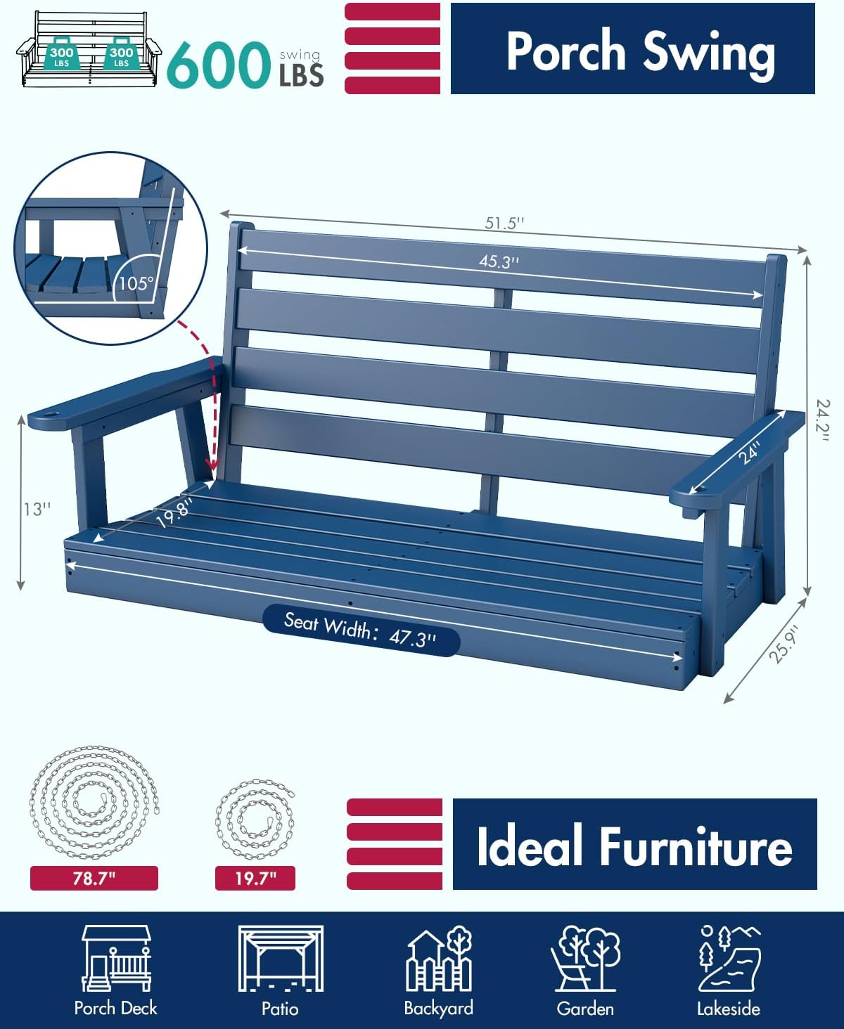 Porch Swing Bench | HDPE | 51.5" | Hanging Outdoor Swings | 2 Person | All Weather | Outside Backyard | Included 4