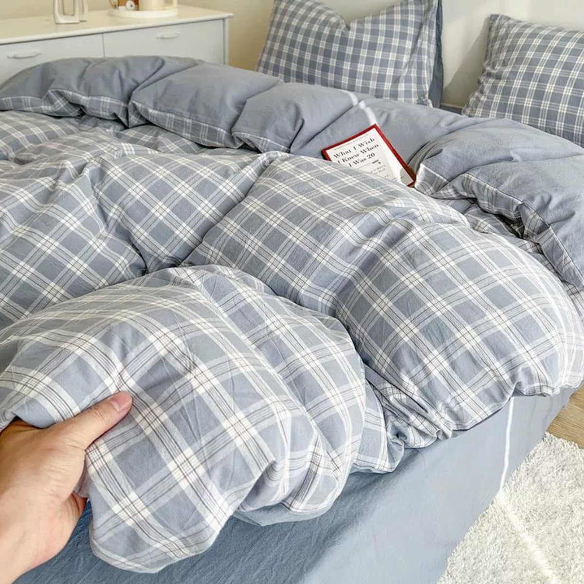 Blue Gingham Comforter Set Reversible Plaid Bedding Set
