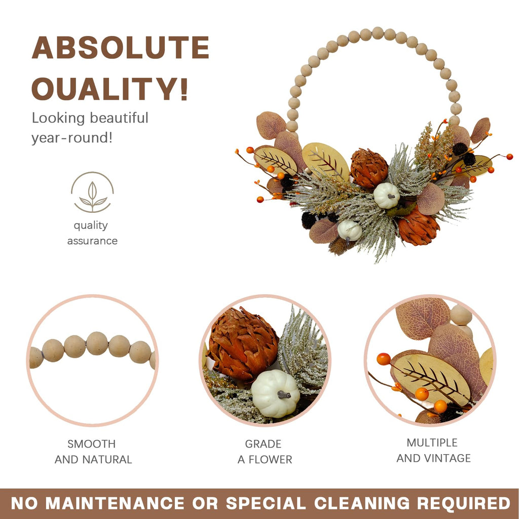 16" Artificial Fall Wooden Beads Wreath with Leaves, Chrysanthemums & Mini Pumpkins - Handcrafted Harvest Decor for