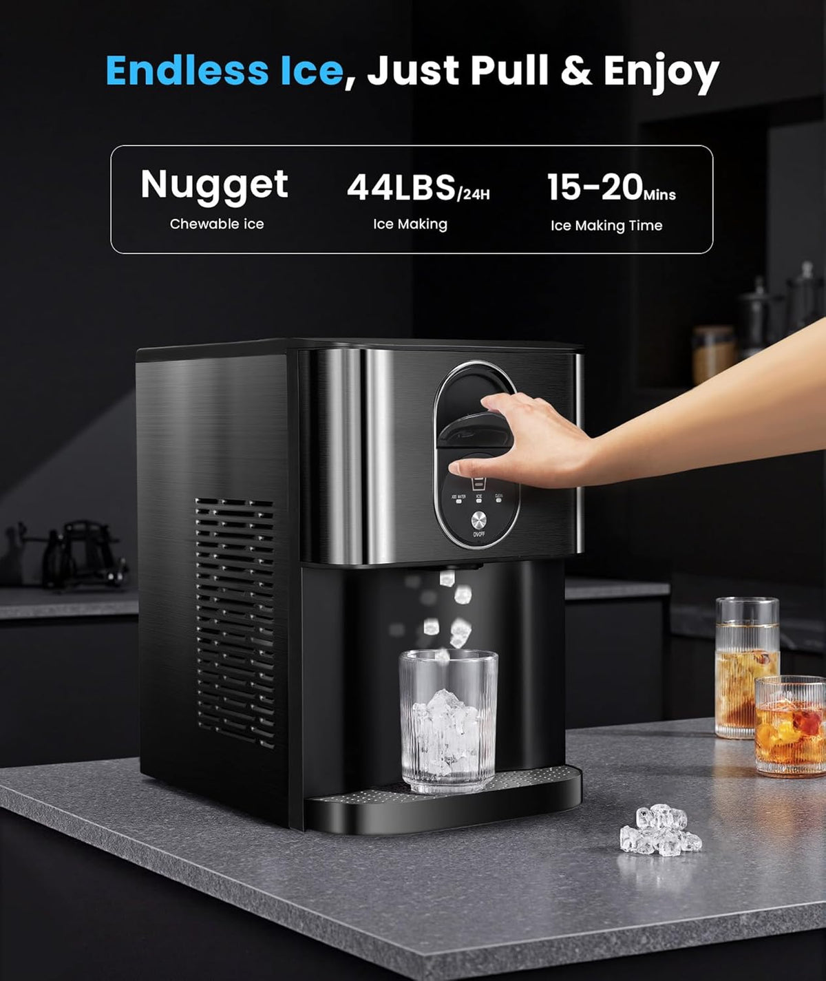 Countertop Nugget Ice Maker, 44lbs/24H Nugget Ice Machine Countertop, Chewable Pellet Ice Maker Machine with Ice