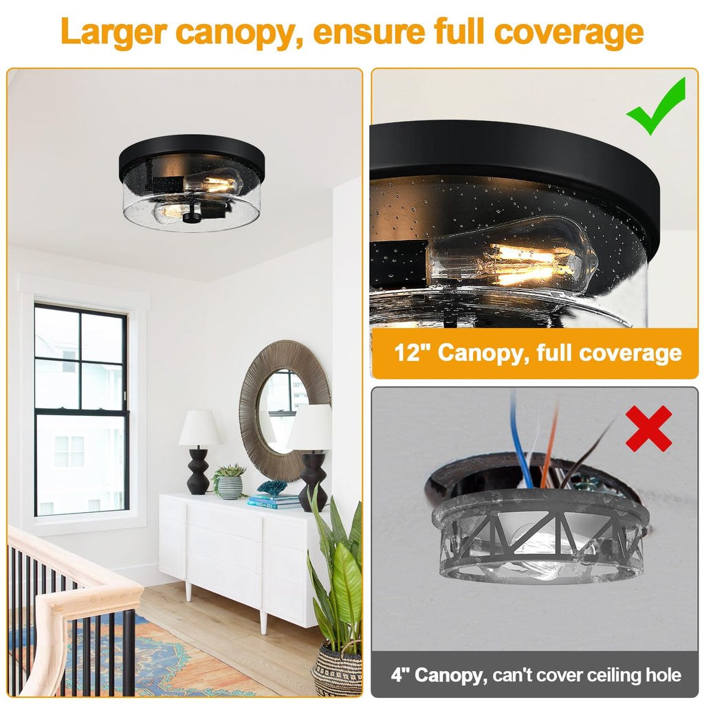 Black Flush Mount Ceiling Light Fixtures, 2-Light Ceiling Mount for Farmhouse with Seeded Glass Lampshade, Industrial