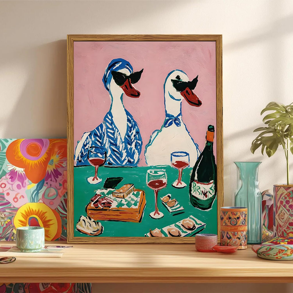 Framed Funny Duck Wall Art, Whimsical Duck Wine Party Pictures Wall Decor, Farmhouse Animal Paintings Canvas Prints
