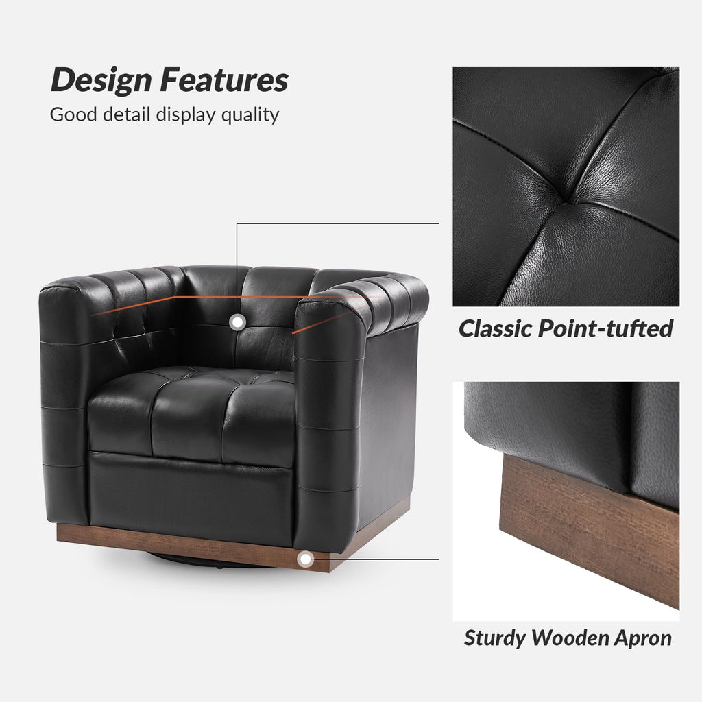 Genuine Leather Swivel Accent Chair with Wooden Base, Mid Century Modern Square Accent Chair Bedroom Club, Black