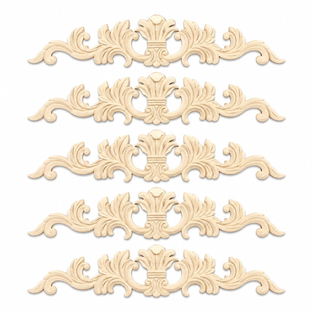 5pcs Unfinished Carved Wood Applique European French Onlay Trim Decorative Long Acanthus Leaf Medallion for Cabinet