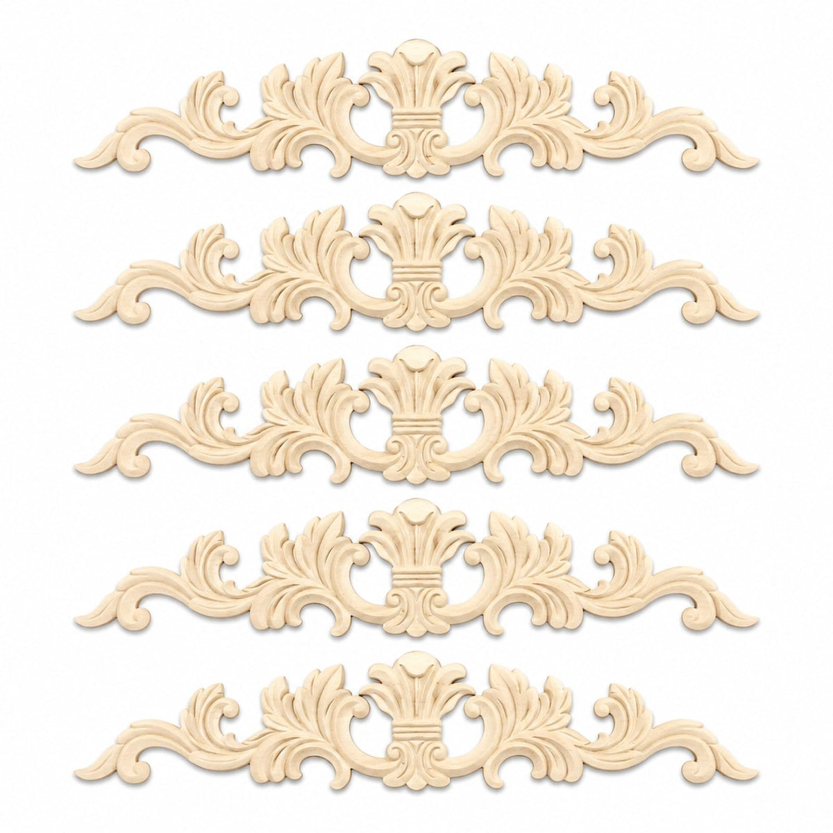 5pcs Unfinished Carved Wood Applique European French Onlay Trim Decorative Long Acanthus Leaf Medallion for Cabinet