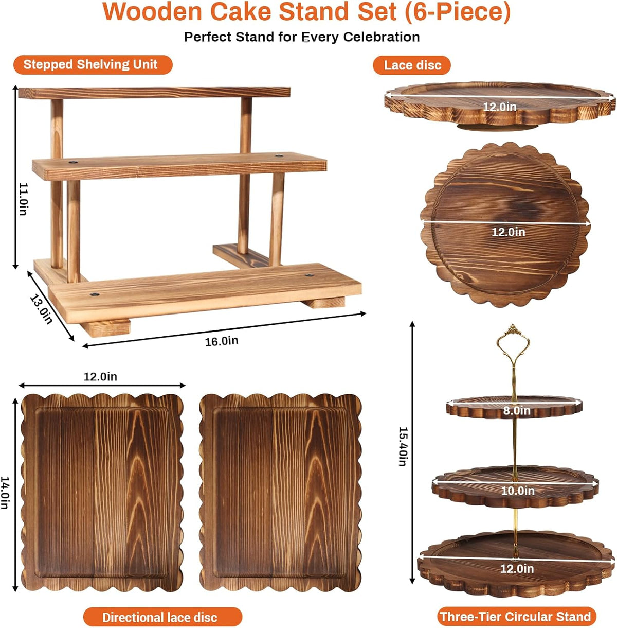 Set of 6 Wooden Dessert Display Table Set with 3-Tier Cupcake Stand | Round/Flat Platter, Cake Stand Rotating Tray