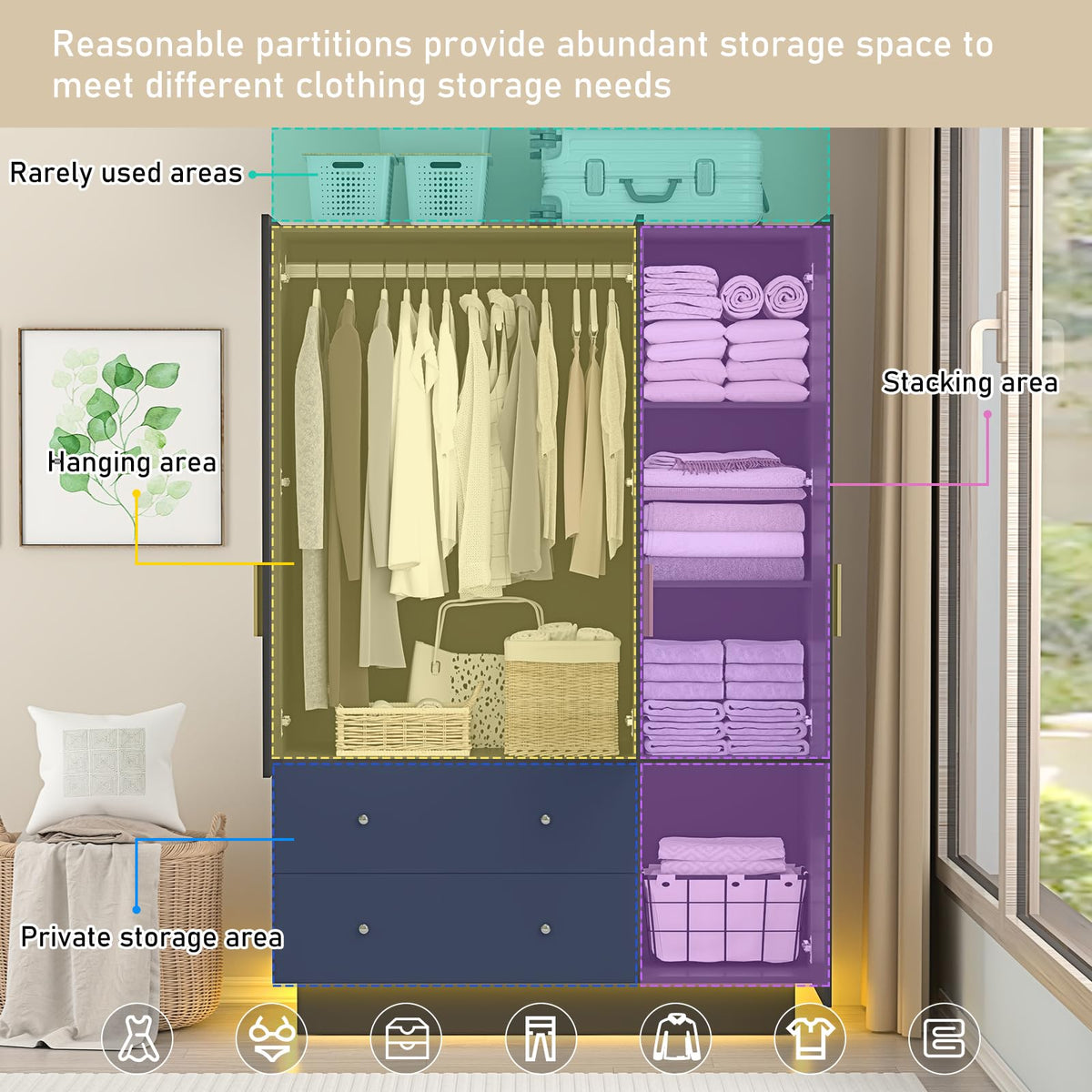 3 Door Wardrobe Closet with Mirror and LED Lights, Bedroom Armoire with Drawers Shelves, Modern Wooden Armoire