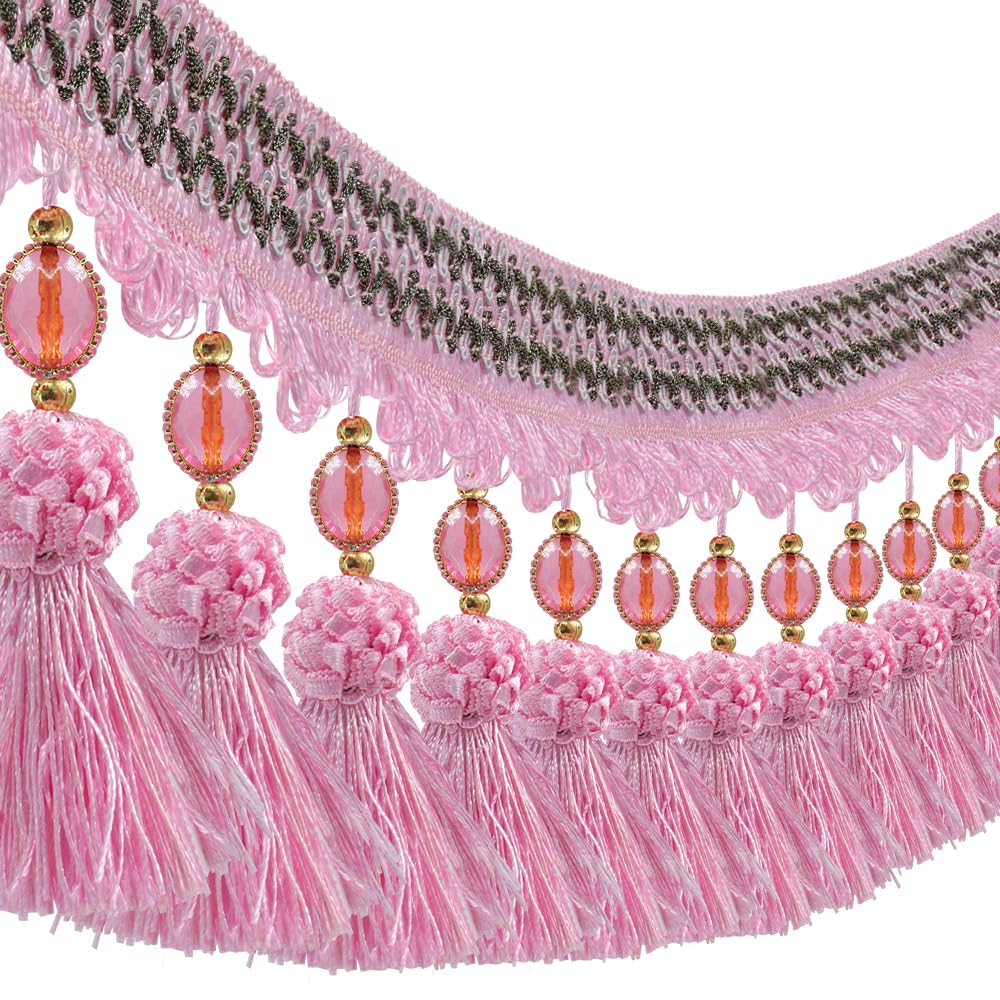 Pom Pom Curtain Fringe Trim Beads Ball Tassel Trimming Sewing Ribbon Upholstery Fabric (Pink) - 3yards