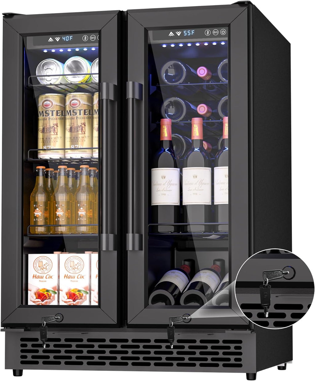 French Door Beverage Refrigerator, 24 Inch Dual Zone Built-in Fridge with Glass Door