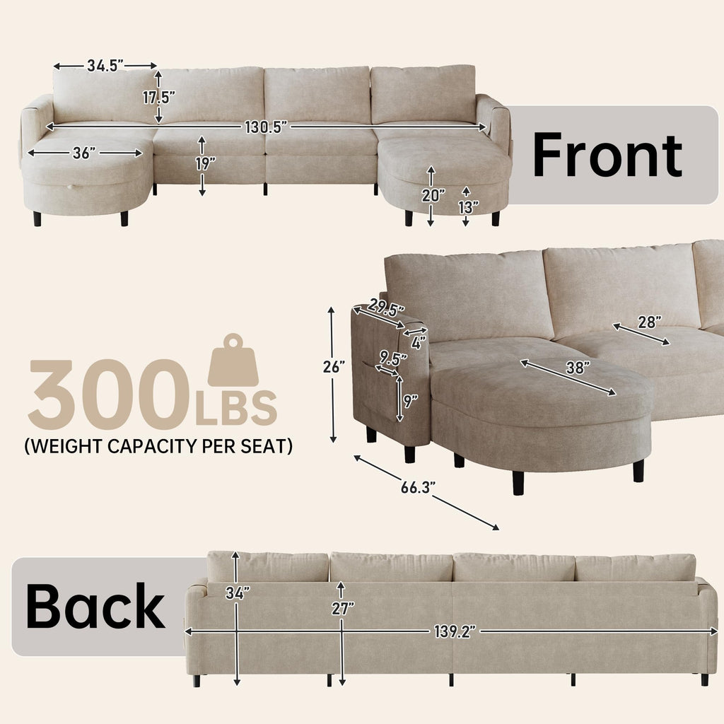 139" Beige White Sectional Couch U Shaped Sofa