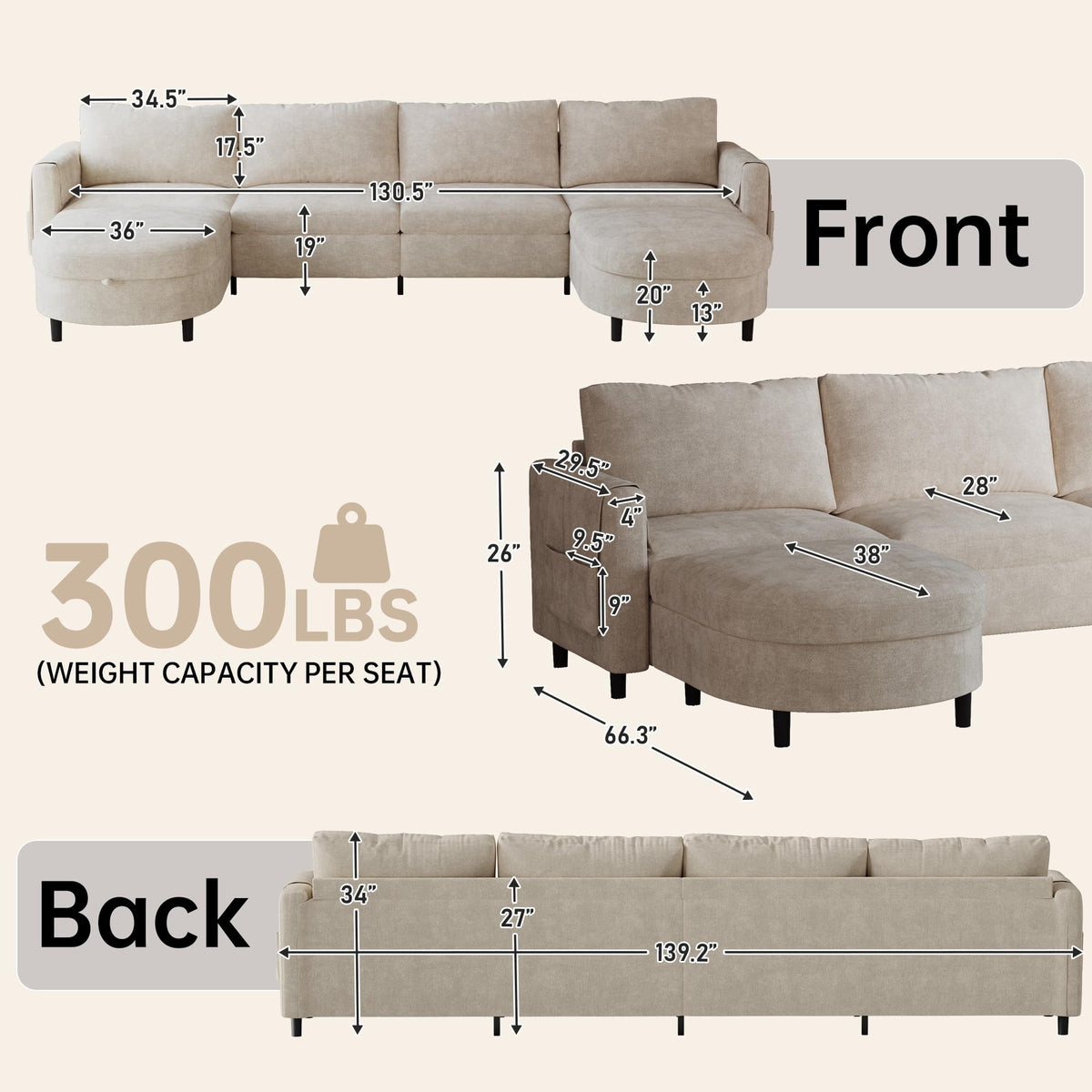 139" Beige White Sectional Couch U Shaped Sofa