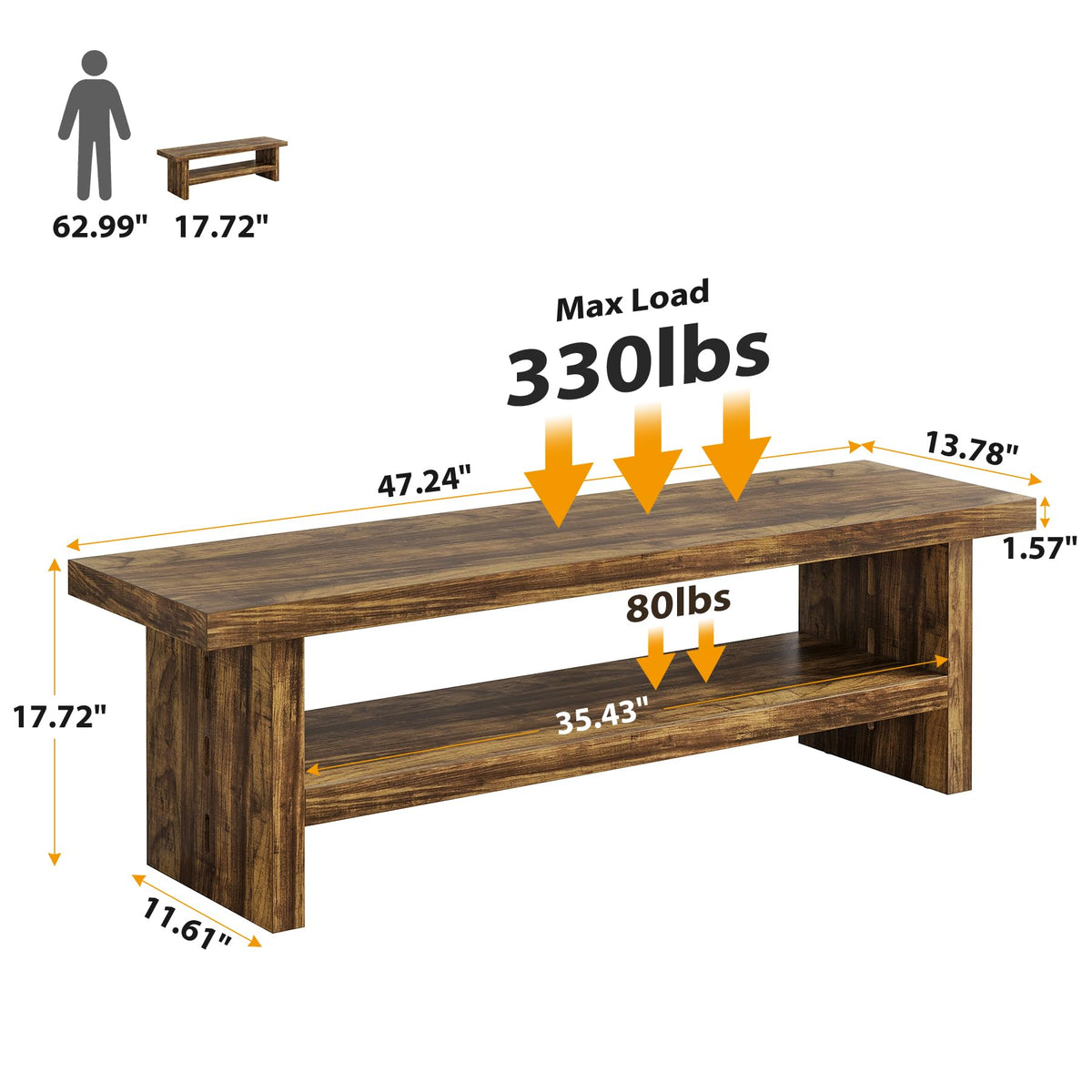 47" 2-Tier Wooden Entryway Bench with Shoe Storage, Rustic Brown