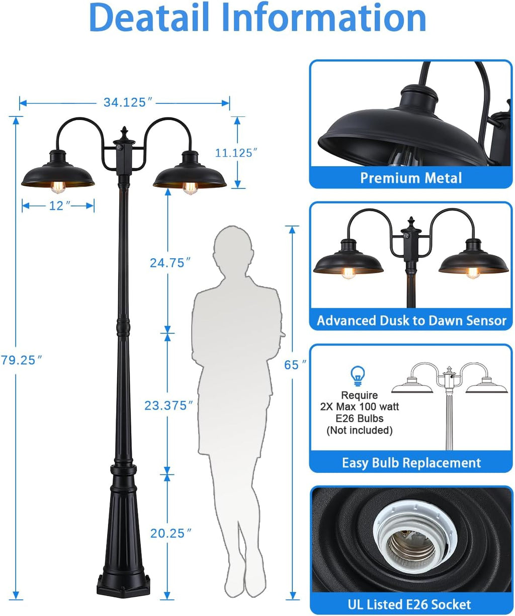 Dusk to Dawn Outdoor Lamp Post Light 2-Head, Outdoor Post Light Street Light Post for Outside with Sensor
