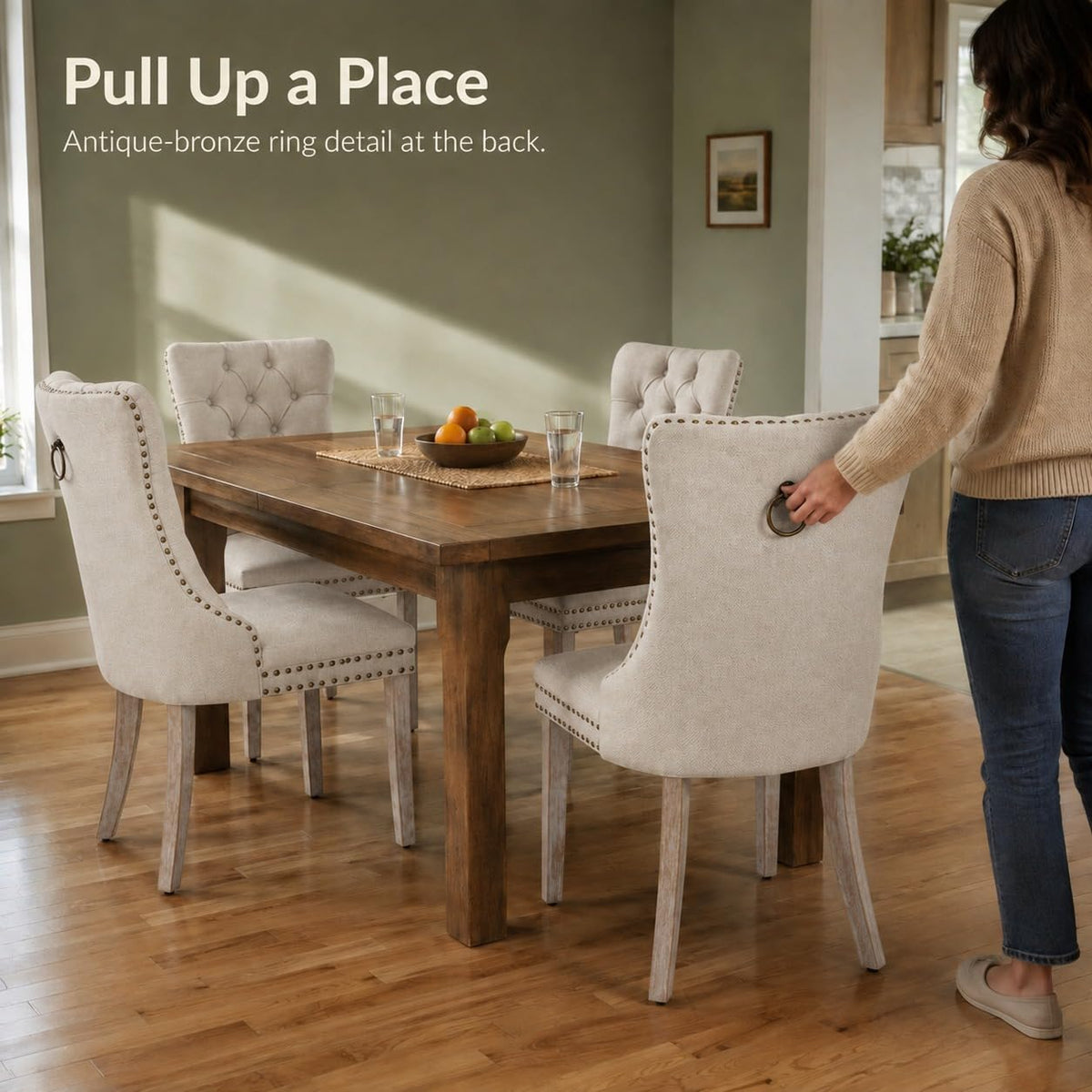 Beige-White Set of 6, Tufted Kitchen & Dining Room Chairs