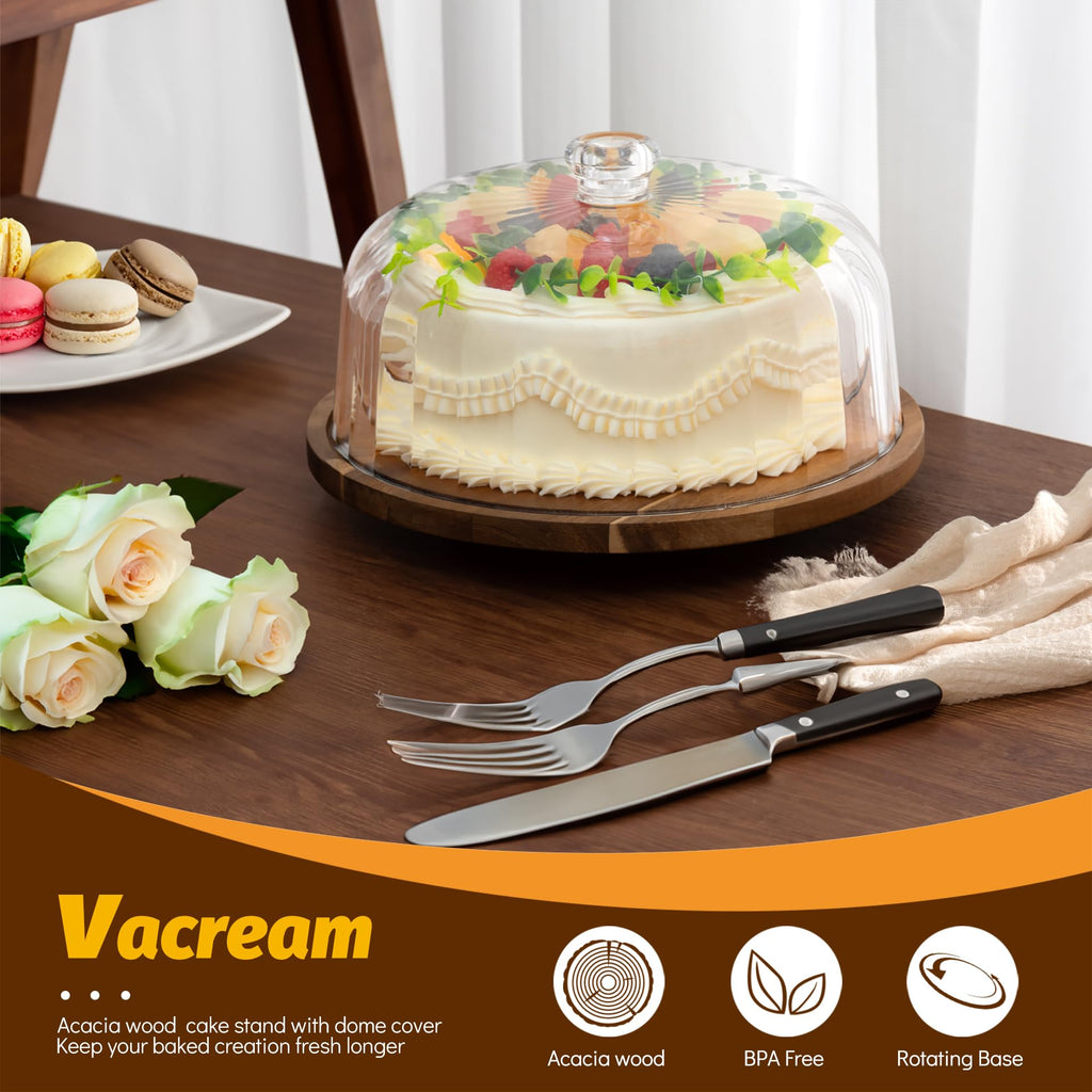 Cake Stand with Lid, Rotating Cake Holder with Dome, Wood Lazy Susan with Cover, Cake Stand for