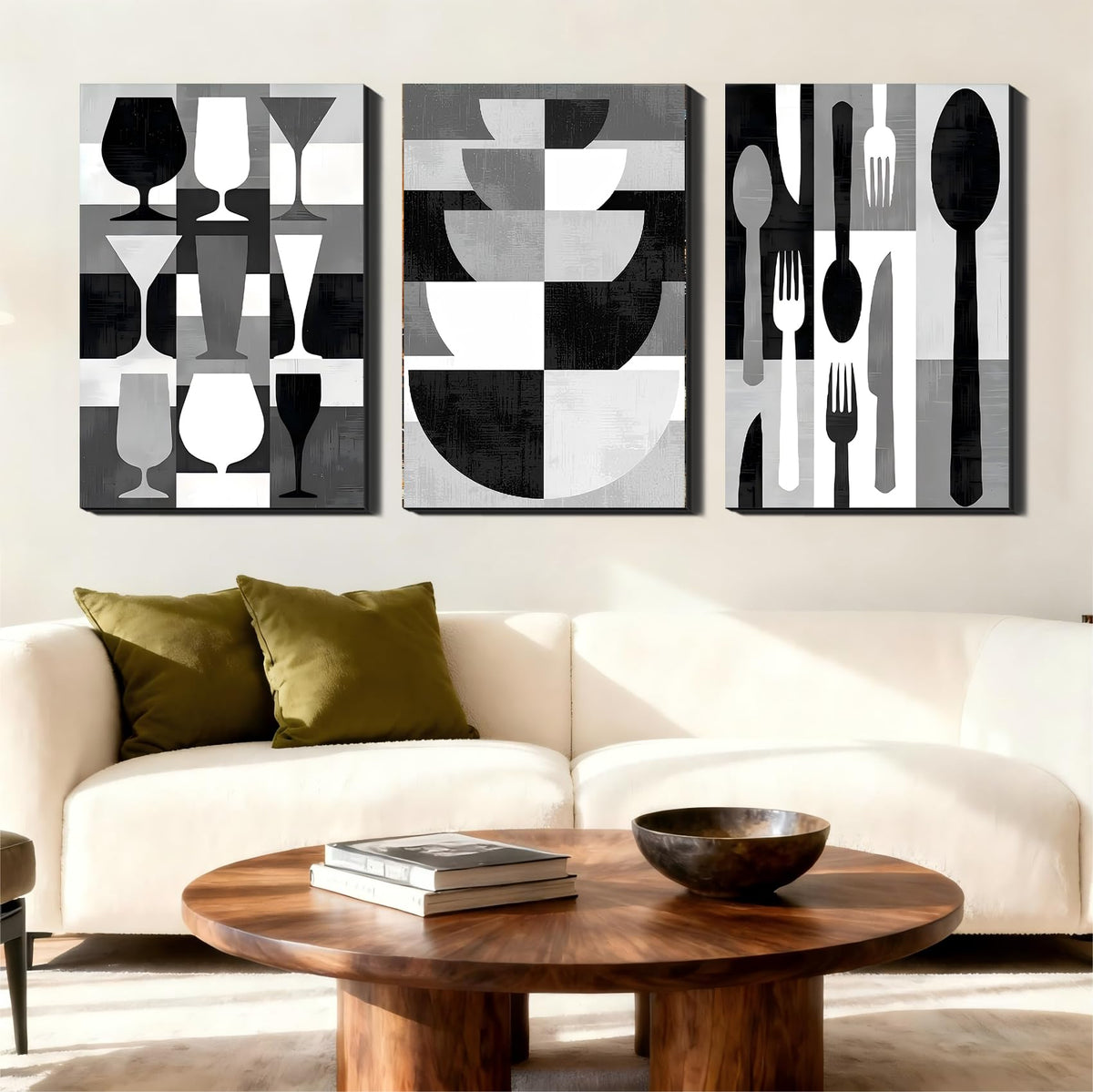Set of 3 Framed Canvas Pictures - Modern Kitchen Wall Decor, Black & White Utensil Prints, Minimalist Canvas Art