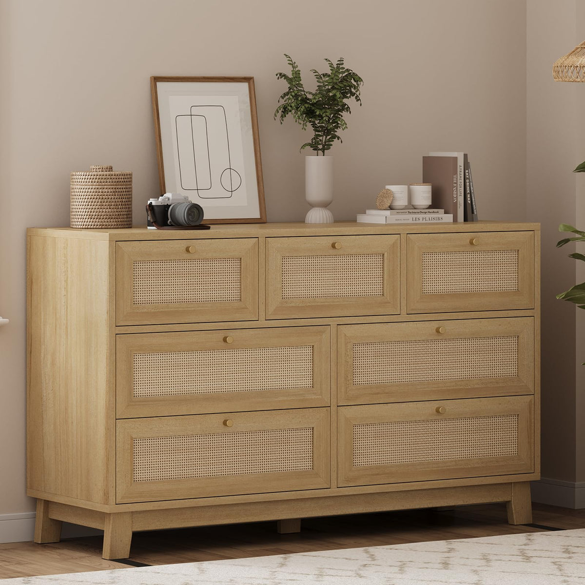 Rattan Dresser with 7 Drawer, Modern Wooden Wide Bedroom Dresser, Chest of Drawers with Metal Handle & Solid Wood