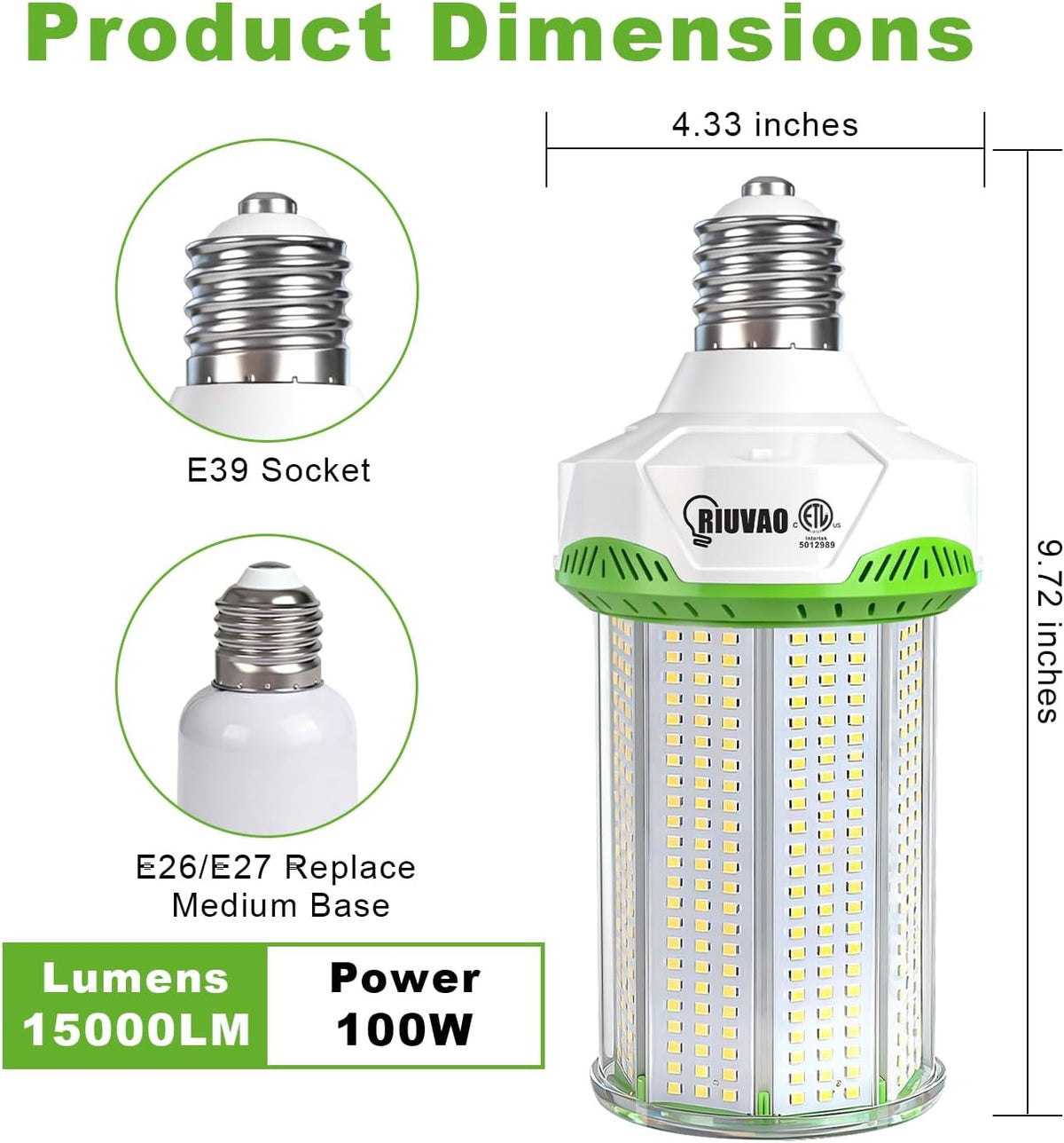 2 Pack 100W LED Corn Bulbs, 15000LM 5000K Daylight Super Bright LED Corn Light Bulb, E26/E39 Base for Warehouse