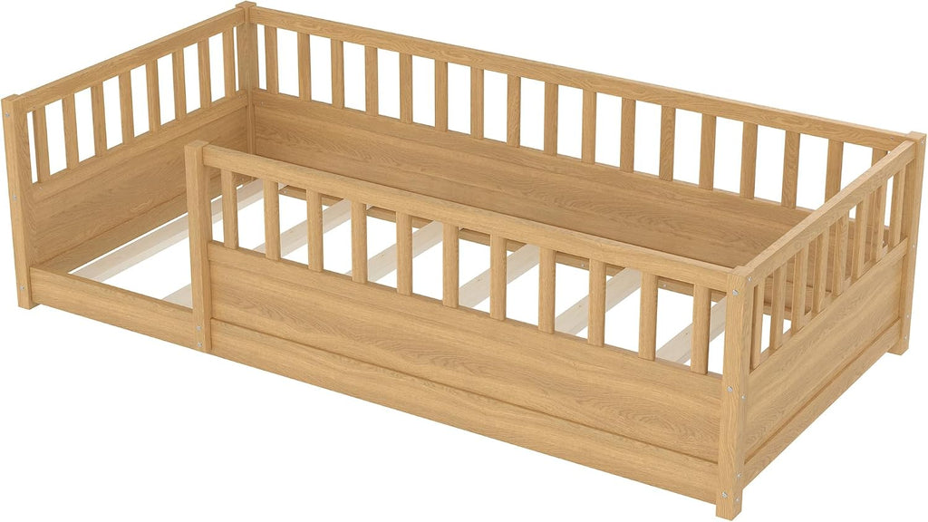 Floor Bed with Slats and High Guardrail, Montessori Floor Bed with Fence, Easy Assemble
