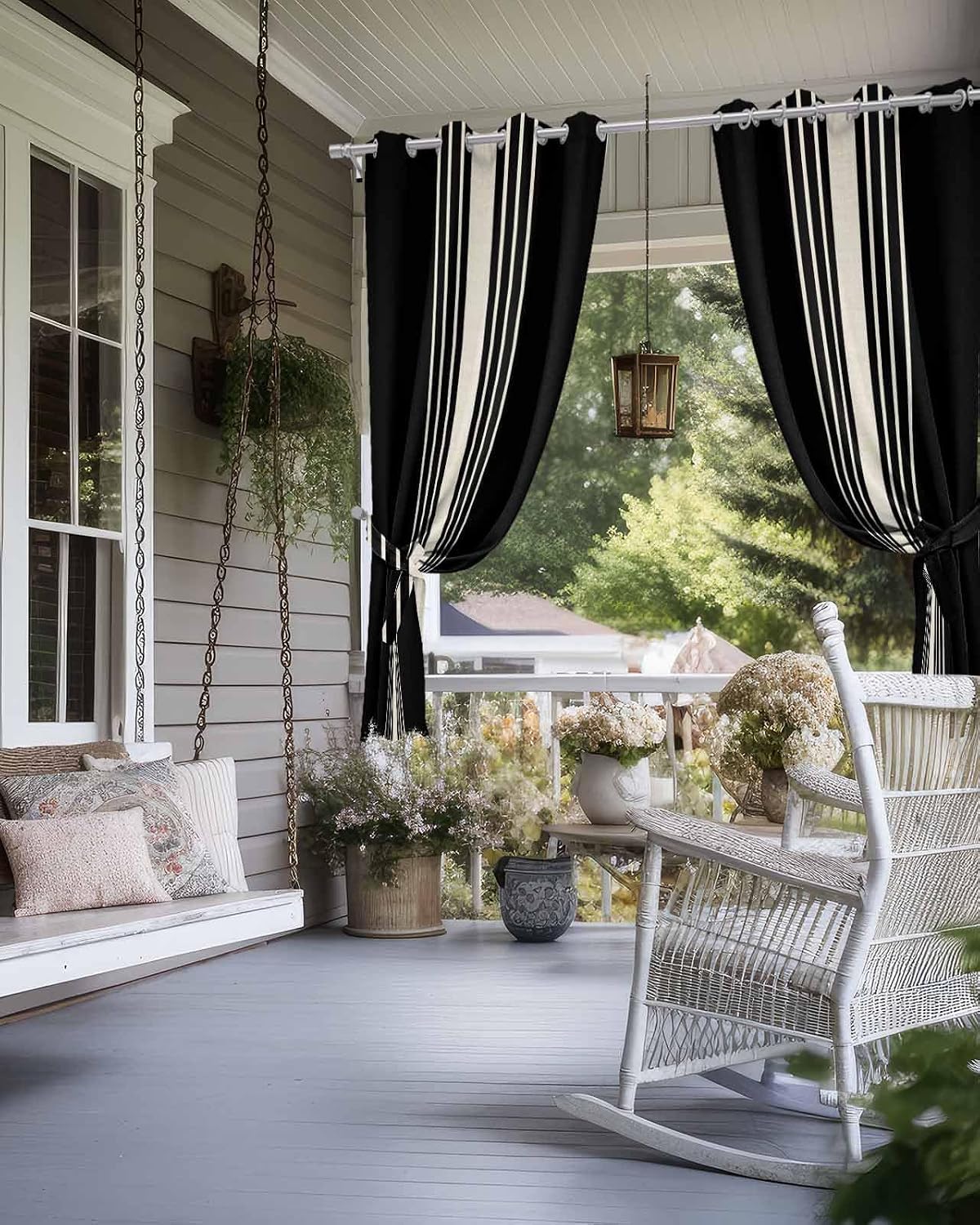 Outdoor Curtains (Set of 2 Panels) , Black Beige Striped Waterproof Blackout Outside Curtain for Porch/Pergola/Gazebo, Modern Farmhouse