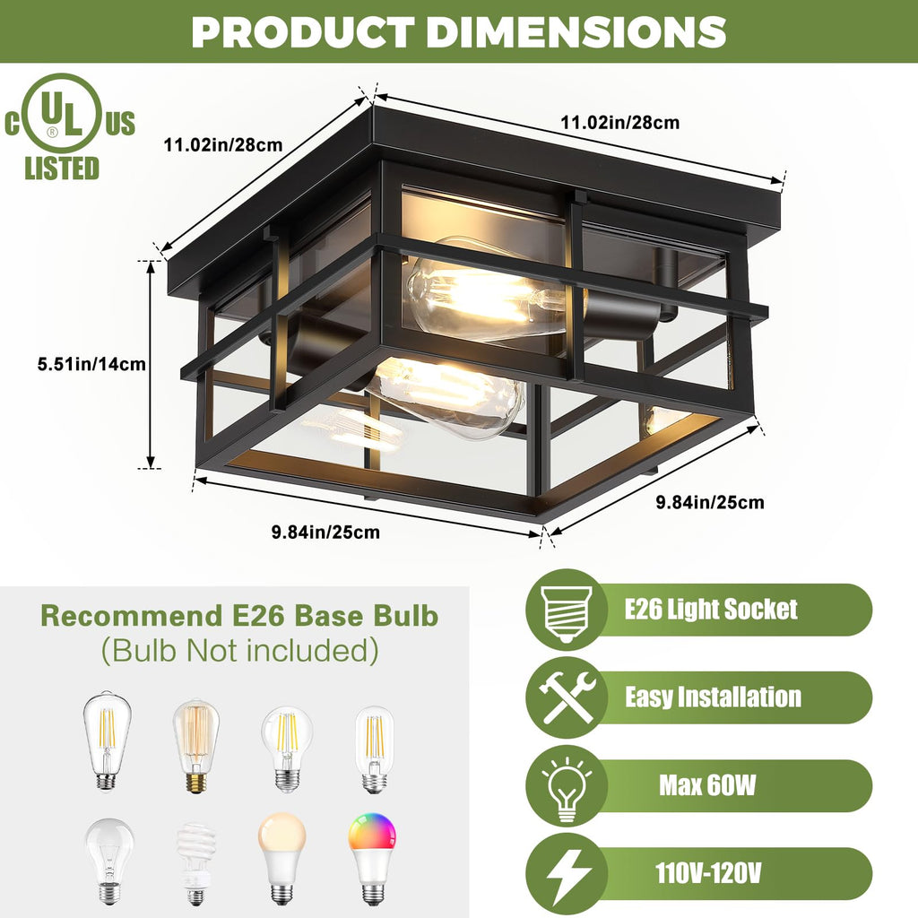 2-Light Black Flush Mount Ceiling Light, Farmhouse Kitchen Lighting Fixtures with Clear Glass, Outdoor Porch Lights
