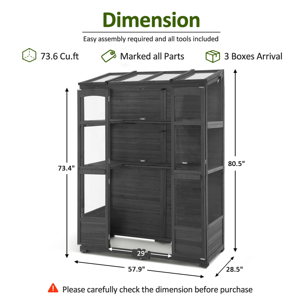 Wooden Walk-in Greenhouse Open Roof & Lockable Door 0899 (Dark Grey)