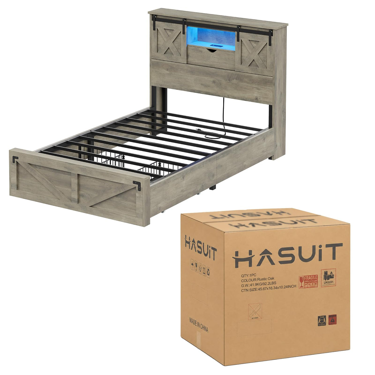 Farmhouse Bed Frame with 2 Storage Drawers, Wooden Platform Bed with LED Lights and Charging Station