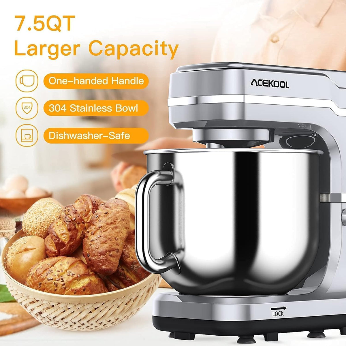 7.5 QT Stand Mixer, 10-Speed Tilt-Head Electric Mixer with Stainless Steel Bowl, Dough Hook, Whisk, Beater, Splash