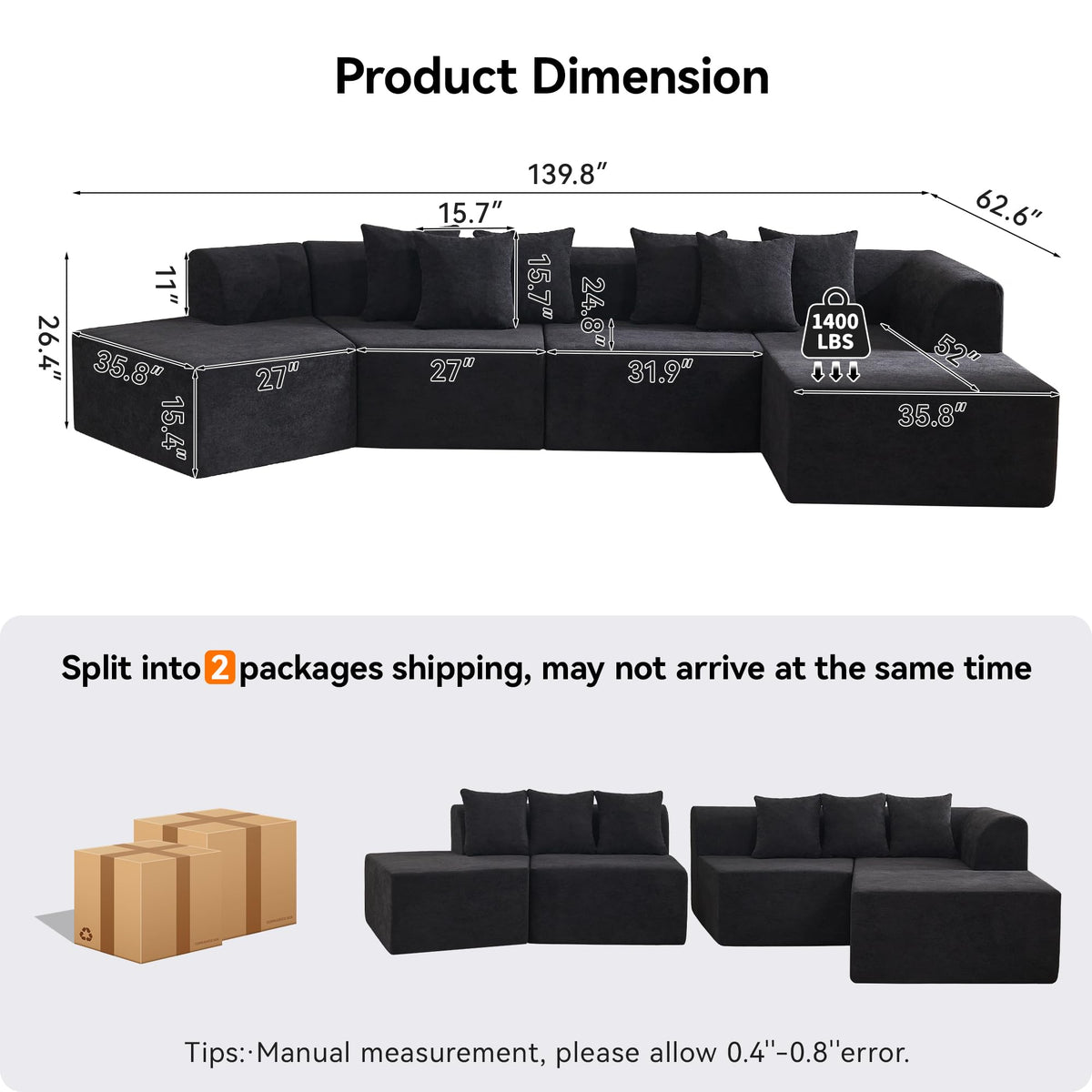 140''Oversized Cloud Velvet Curved Sectional Couch, Boneless Couch with L-Shape Chaise, Upholstered Compression