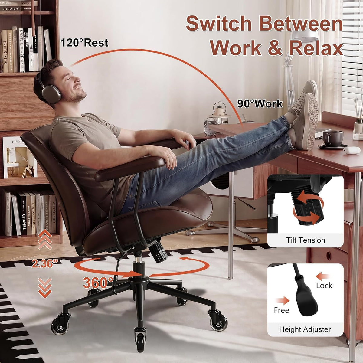 Home Office Desk Chair, Adjustable Comfy with Wheels,Leather with Removable Armrests, Office Desk Chair with Lumbar