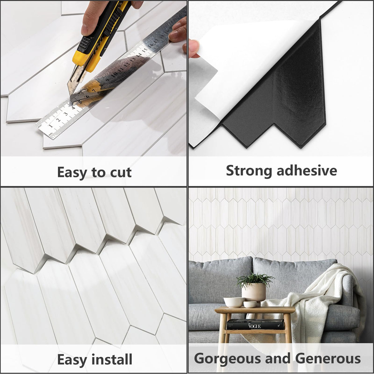 Glossy Dolomite White Backsplash Tile Peel and Stick, 12.8 x 12.8 Inch 10 Sheets Long Hexagon PVC Self Adhesive