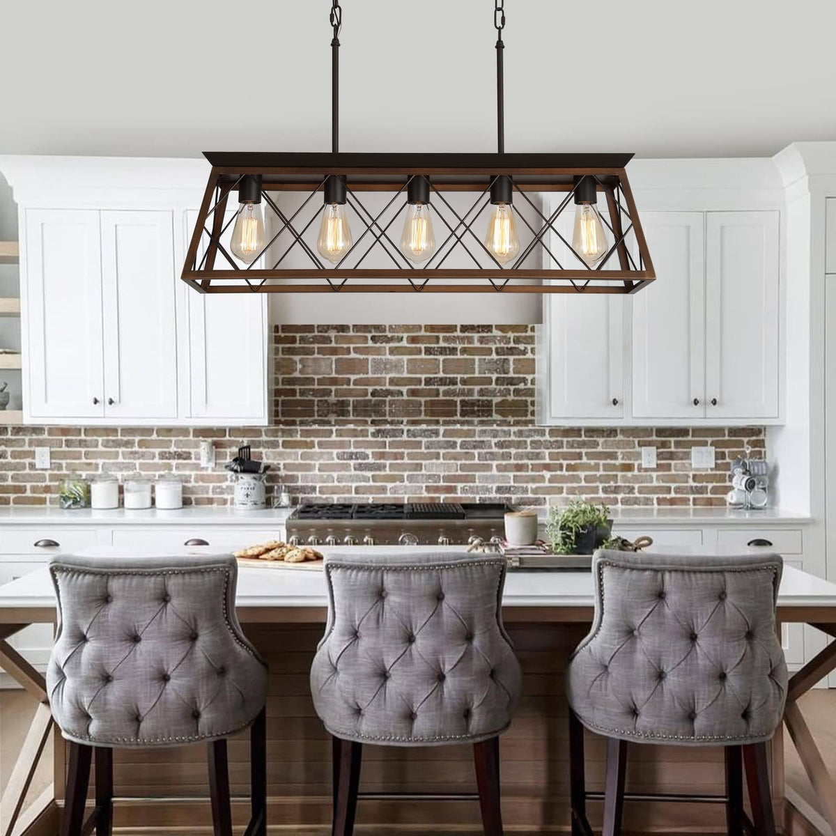 Farmhouse Rustic Chandelier Light Fixtures Bronze 5 Lights Linear Rectangular Chandelier Pendant Light Fixtures