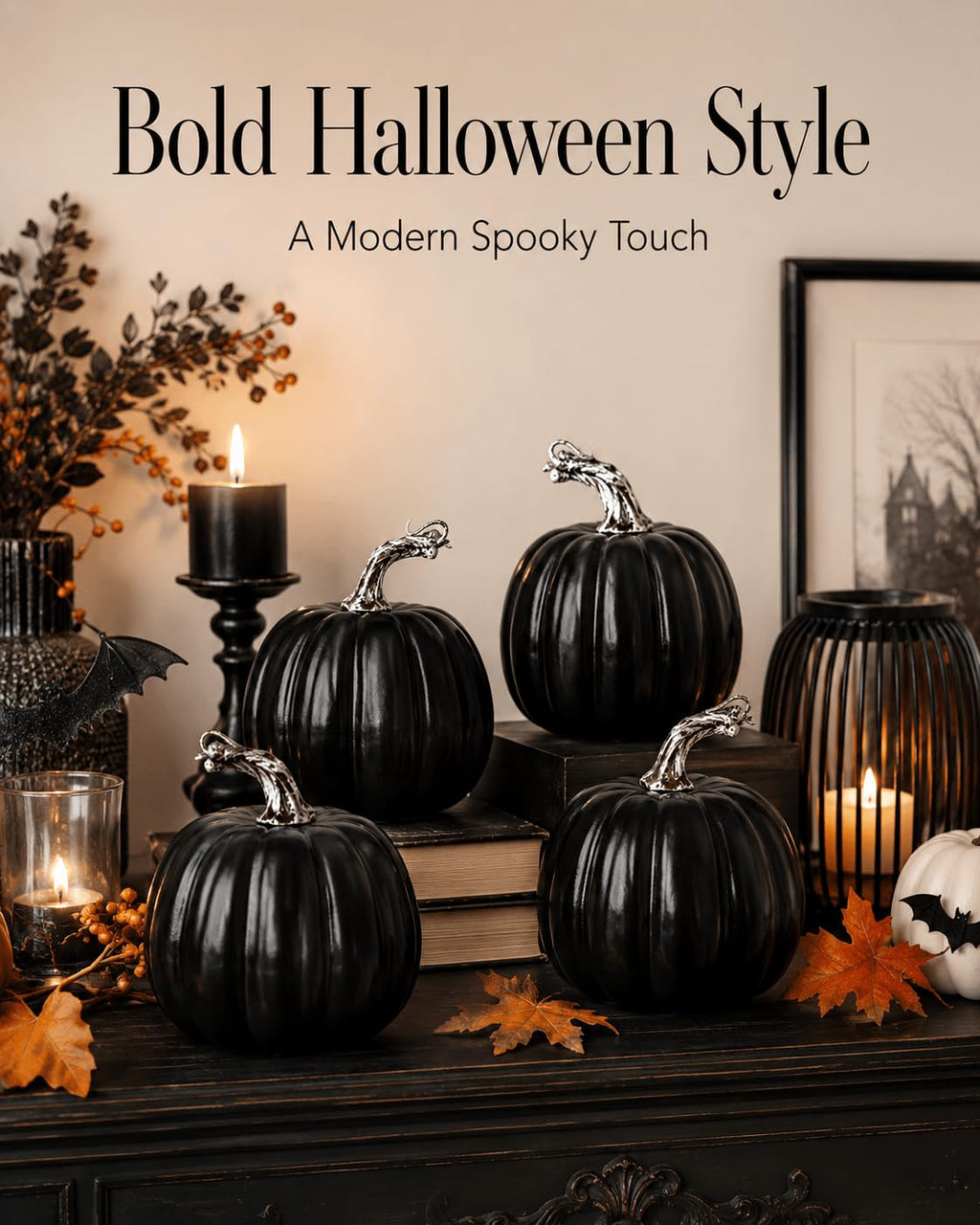 6 Inch Black Artificial Pumpkins, 4 Pack