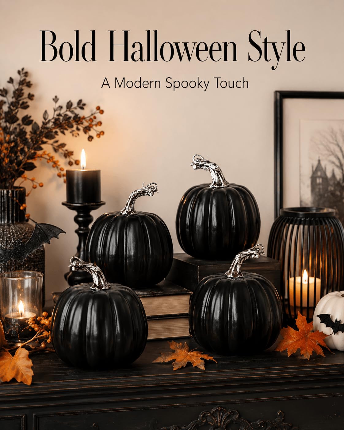 6 Inch Black Artificial Pumpkins, 4 Pack